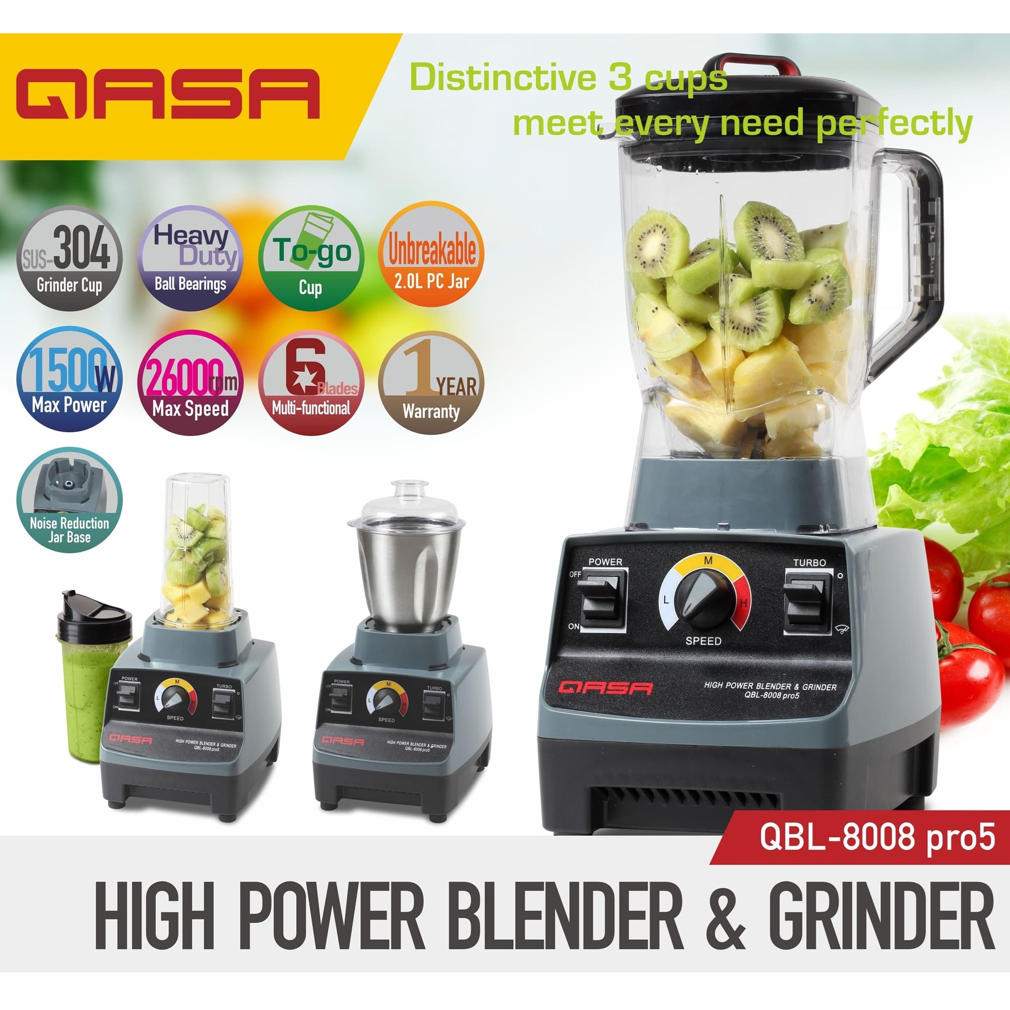 QASA QBL-8008 Pro5 2L High Power Blender & Grinder