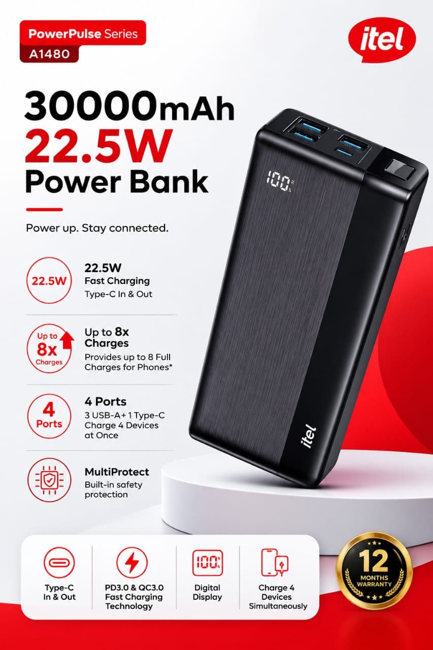 Itel 30,000mAh 22.5W Fast Charging 